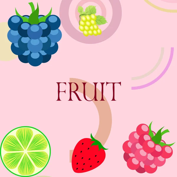 Gyümölcsök és bogyók. Színes rajzfilm gyümölcs ikonok: szeder, málna, szőlő, eper, lime. Vektorháttér. — Stock Vector