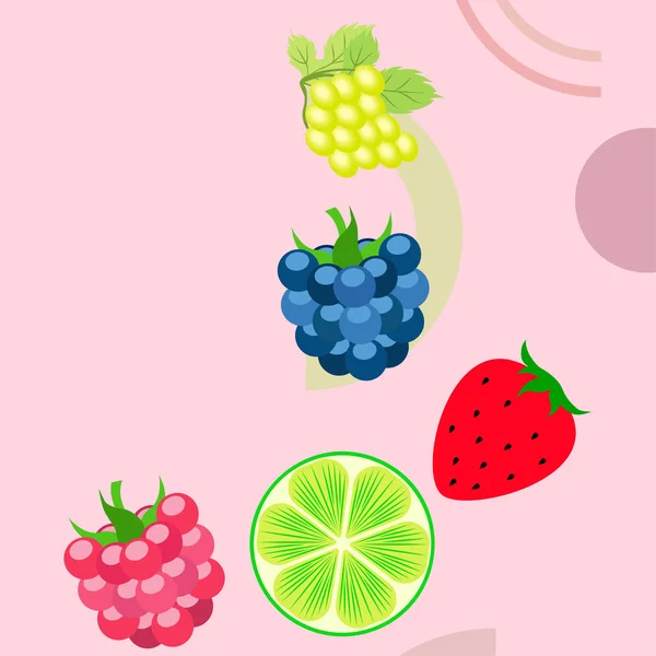 Vruchten en bessen. Kleurrijke cartoon fruit iconen: bramen, frambozen, druif, aardbeien, limoen. Vectorachtergrond. — Stockvector