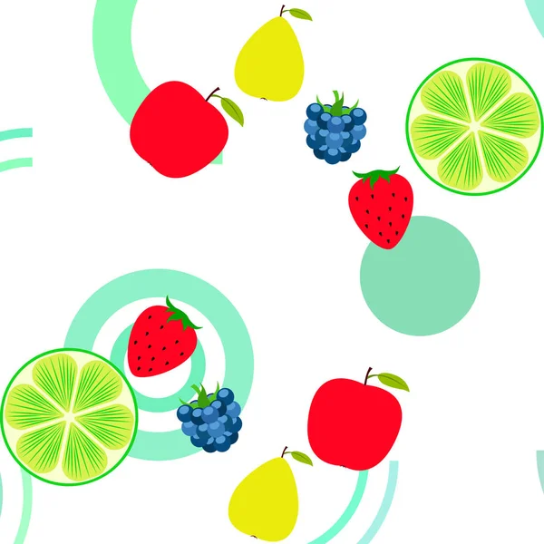 Фрукти та ягоди. Барвисті мультяшні фруктові ікони: яблуко, груша, ожина, полуниця, лайм. Векторний фон . — стоковий вектор