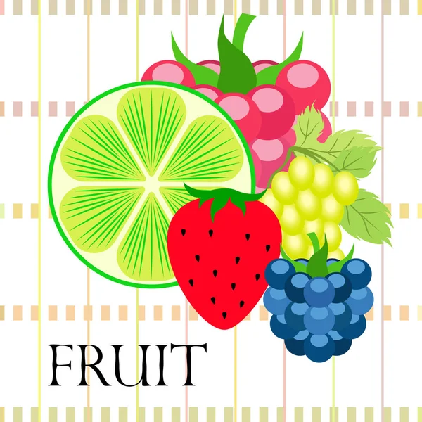 Плоды и ягоды. Красочные иконы фруктов мультфильма: ежевика, малина, виноград, клубника, лайм. Векторный фон . — стоковый вектор