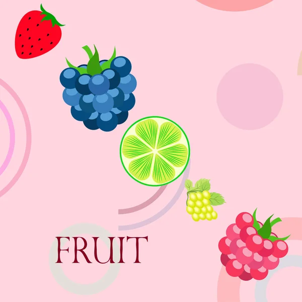 Fruits and berries. Colorful cartoon fruit icons: blackberry, raspberry, grape, strawberr, lime. Vector background. — Stock Vector