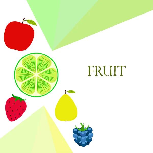 Fruits et baies. icônes colorées de fruits de dessin animé : pomme, poire, mûre, fraise, citron vert. Fond vectoriel . — Image vectorielle