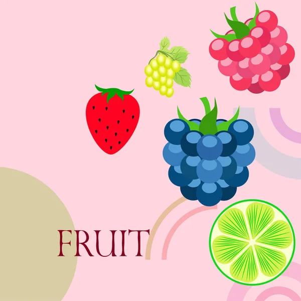 Vruchten en bessen. Kleurrijke cartoon fruit iconen: bramen, frambozen, druif, aardbeien, limoen. Vectorachtergrond. — Stockvector