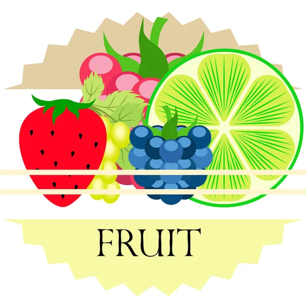 Vruchten en bessen. Kleurrijke cartoon fruit iconen: bramen, frambozen, druif, aardbeien, limoen. Vectorachtergrond. — Stockvector