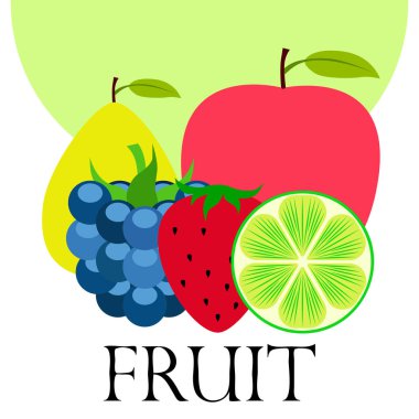 Meyve ler ve meyveler. Renkli karikatür meyve simgeleri: elma, armut, böğürtlen, çilek, kireç. Vektör arka planı.