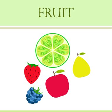 Meyve ler ve meyveler. Renkli karikatür meyve simgeleri: elma, armut, böğürtlen, çilek, kireç. Vektör arka planı.