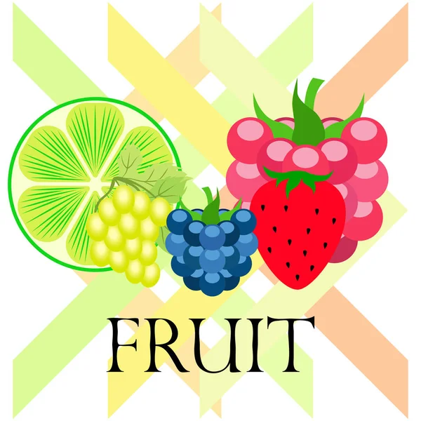 Frutas y bayas. Iconos coloridos de frutas de dibujos animados: mora, frambuesa, uva, fresa, lima. Fondo vectorial . — Vector de stock