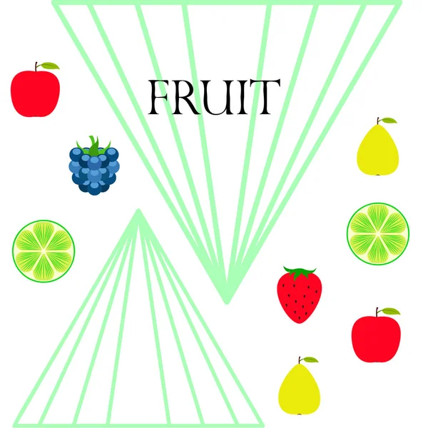 Frukt og bær. Fargerike tegneseriefruktikoner: eple, pære, bjørnebær, jordbær, lime. Vektorbakgrunn . – stockvektor