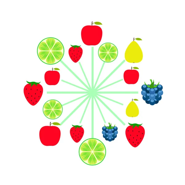 Frutas y bayas. Iconos coloridos de frutas de dibujos animados: manzana, pera, mora, fresa, lima. Fondo vectorial . — Archivo Imágenes Vectoriales