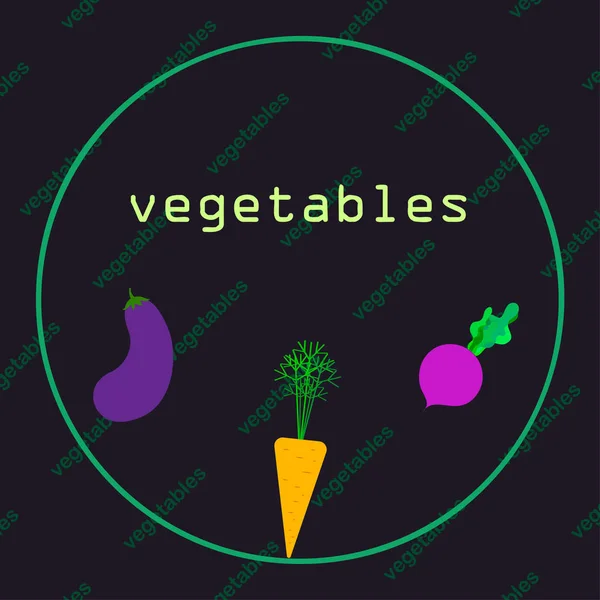 Zanahoria, remolacha, berenjena, verduras frescas. Cartel de alimentos orgánicos. Diseño del mercado de agricultores. Fondo vectorial . — Vector de stock