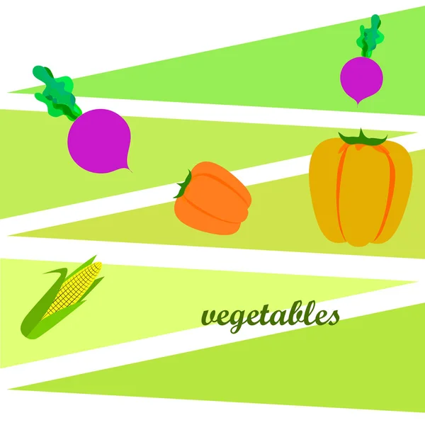 Čerstvá zelenina. Pepř, řepa, kukuřice. Ekologický plakát s jídlem. Návrh farmářského trhu. Vektor. — Stockový vektor