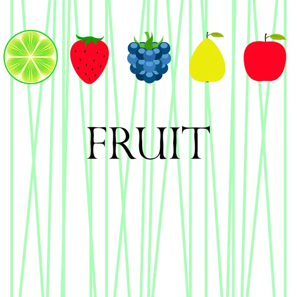 Meyve ler ve meyveler. Renkli karikatür meyve simgeleri: elma, armut, böğürtlen, çilek, kireç. Vektör arka planı. — Stok Vektör