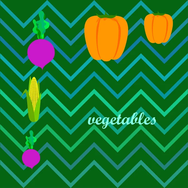 Färska grönsaker. Peppar, betor, majs. Affisch för ekologisk mat. Utformning av jordbruksmarknaden. Vektor. — Stock vektor