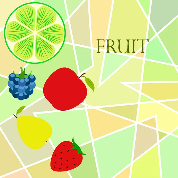 Frutas y bayas. Iconos coloridos de frutas de dibujos animados: manzana, pera, mora, fresa, lima. Fondo vectorial . — Archivo Imágenes Vectoriales