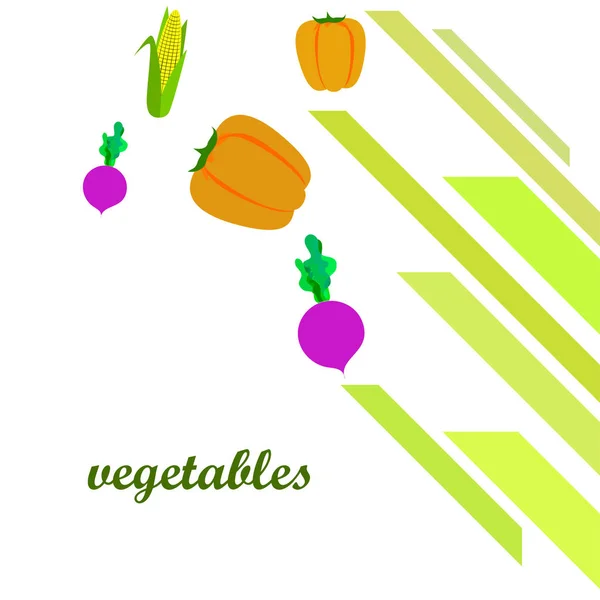 Légumes frais. Poivre, betterave, maïs. Affiche alimentaire biologique. Aménagement du marché agricole. Vecteur . — Image vectorielle