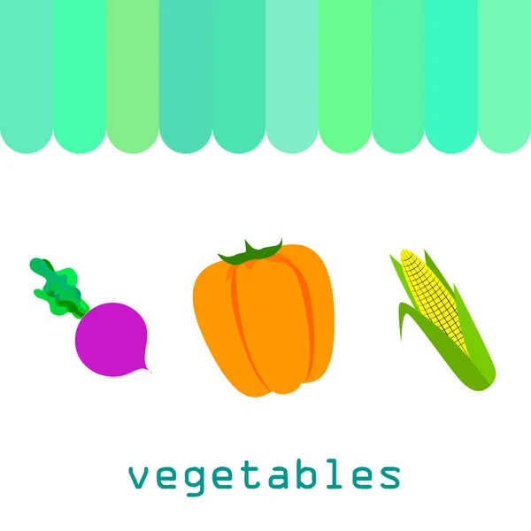 Verduras frescas. Pimienta, remolacha, maíz. Cartel de alimentos orgánicos. Diseño del mercado de agricultores. Vector . — Archivo Imágenes Vectoriales