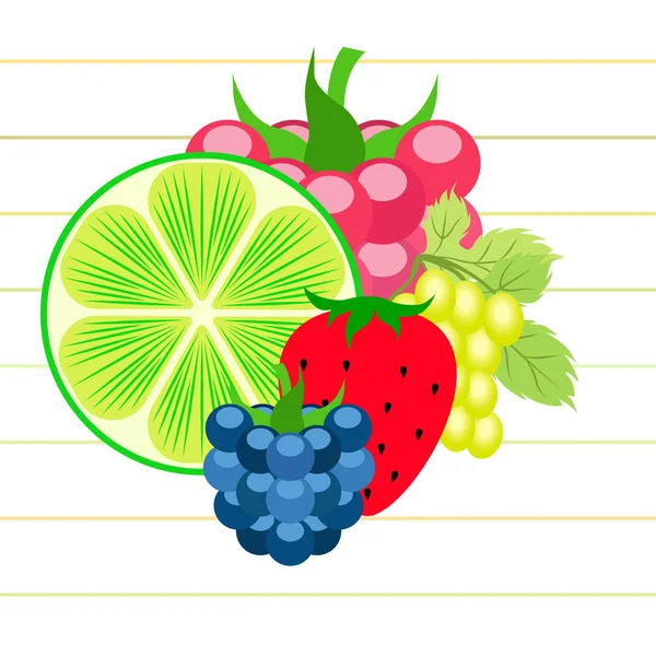 Фрукти та ягоди. Барвисті мультяшні фруктові ікони: ожина, малина, виноград, полуниця, лайм. Векторний фон . — стоковий вектор