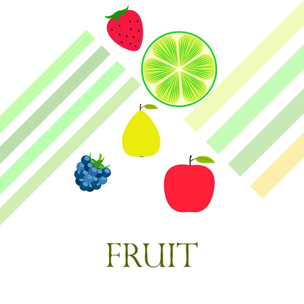 Frutas y bayas. Iconos coloridos de frutas de dibujos animados: manzana, pera, mora, fresa, lima. Fondo vectorial . — Vector de stock