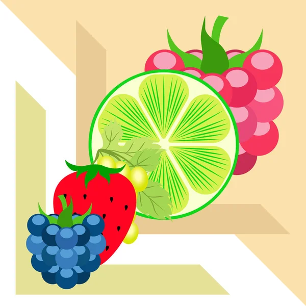 Frukt og bær. Fargerike tegneseriefruktikoner: bjørnebær, bringebær, druer, jordbær, lime. Vektorbakgrunn . – stockvektor