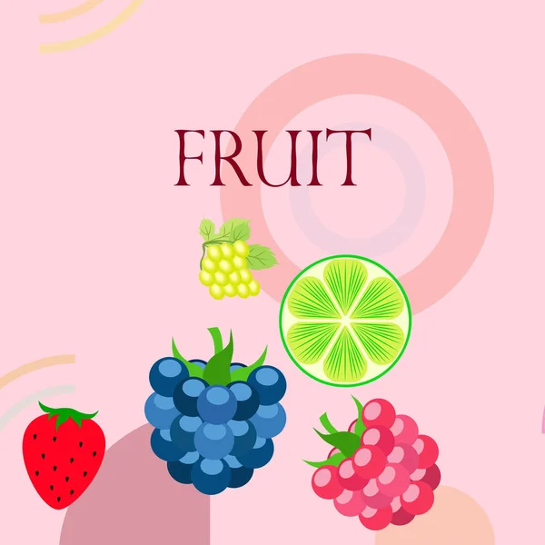 Frutas y bayas. Iconos coloridos de frutas de dibujos animados: mora, frambuesa, uva, fresa, lima. Fondo vectorial . — Archivo Imágenes Vectoriales