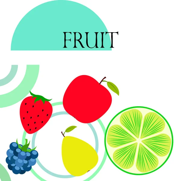 Frukter och bär. Färgglada tecknad frukt ikoner: äpple, päron, björnbär, jordgubb, lime. Vektor bakgrund. — Stock vektor