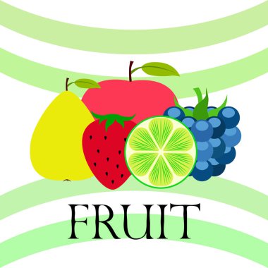 Meyve ler ve meyveler. Renkli karikatür meyve simgeleri: elma, armut, böğürtlen, çilek, kireç. Vektör arka planı.