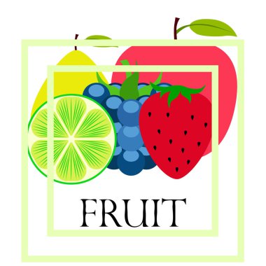 Meyve ler ve meyveler. Renkli karikatür meyve simgeleri: elma, armut, böğürtlen, çilek, kireç. Vektör arka planı.