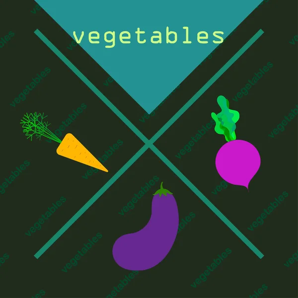 Zanahoria, remolacha, berenjena, verduras frescas. Cartel de alimentos orgánicos. Diseño del mercado de agricultores. Fondo vectorial . — Vector de stock