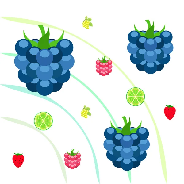 Fruits and berries. Colorful cartoon fruit icons: blackberry, raspberry, grape, strawberr, lime. Vector background. — Stock Vector