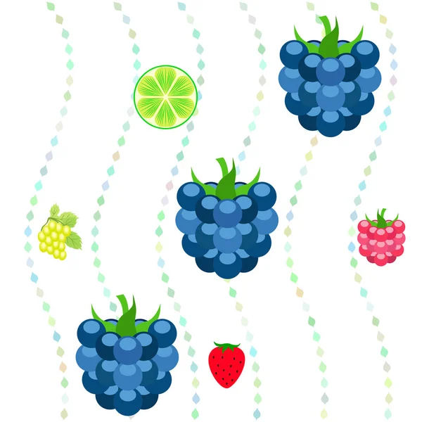 Frutas e bagas. Ícones de frutas de desenhos animados coloridos: amora-preta, framboesa, uva, morango, limão. Fundo vetorial . — Vetor de Stock