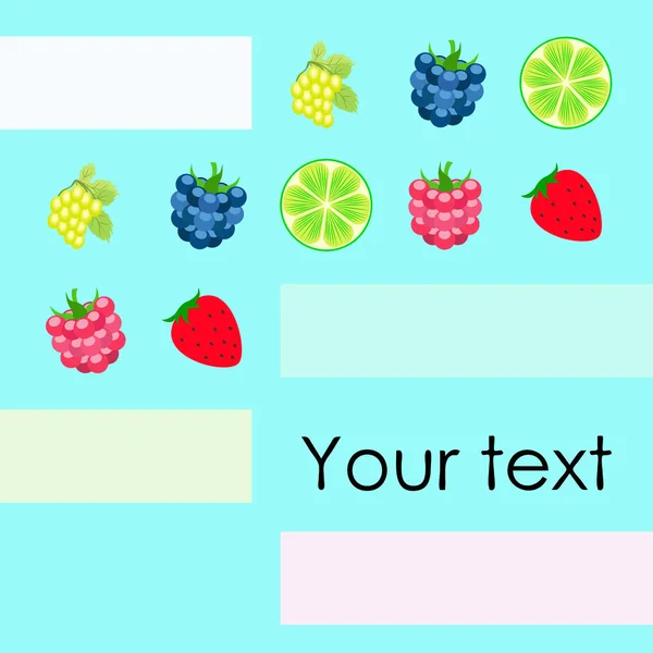 Φρούτα και μούρα. Πολύχρωμα εικονίδια φρούτων κινουμένων σχεδίων: βατόμουρο, βατόμουρο, σταφύλι, φράουλα, ασβέστη. Ιστορικό διανύσματος. — Διανυσματικό Αρχείο