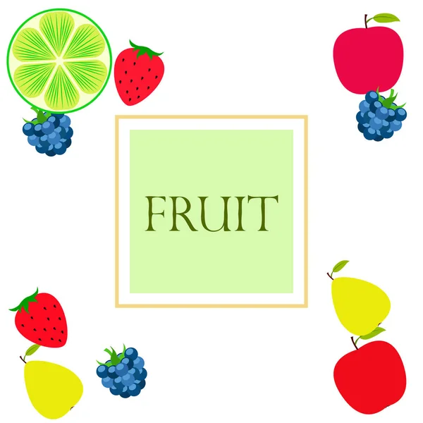 Früchte und Beeren. bunte Comic-Frucht-Ikonen: Apfel, Birne, Brombeere, Erdbeere, Limette. Vektorhintergrund. — Stockvektor