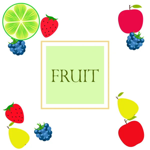 Fruit en bessen. Kleurrijke cartoon fruit iconen: appel, peer, BlackBerry, aardbei, limoen. Vector achtergrond. — Stockvector