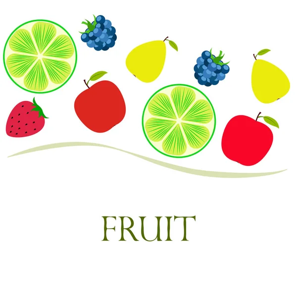 Ovoce a bobule. Pestré barevné ikony: jablko, hruška, Ostružina, jahoda, vápno. Vektorové pozadí. — Stockový vektor