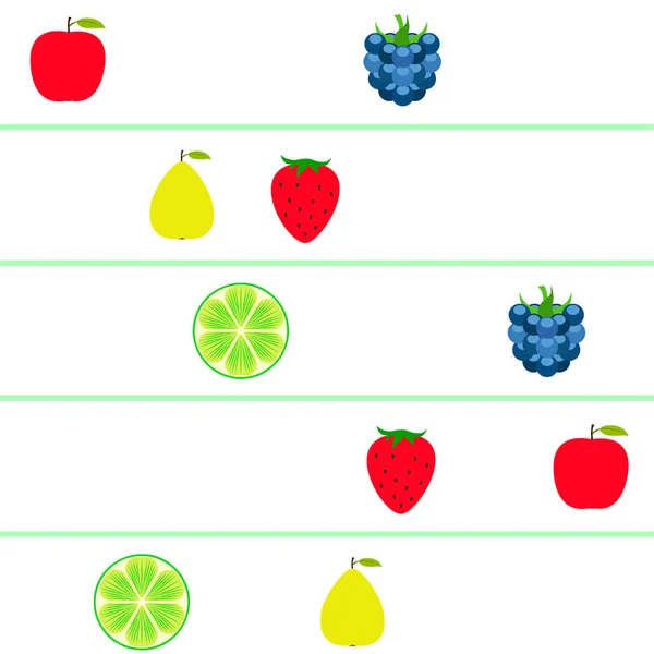 과일과 열매. 다채로운 만화 과일 아이콘 : 사과, 배, 블랙 베리, 딸기, 라임. 벡터 배경. — 스톡 벡터
