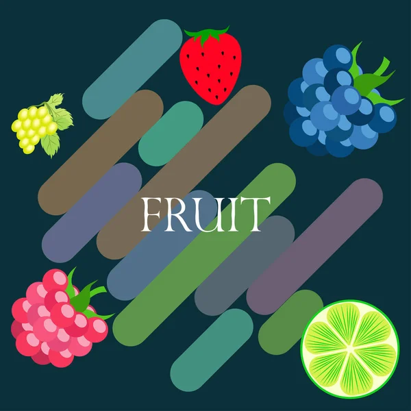 Fruits and berries. Colorful cartoon fruit icons: blackberry, raspberry, grape, strawberr, lime. Vector background. — ストックベクタ