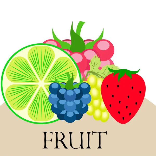 Fruits et baies. icônes colorées de fruits de dessin animé : mûre, framboise, raisin, fraise, citron vert. Fond vectoriel . — Image vectorielle