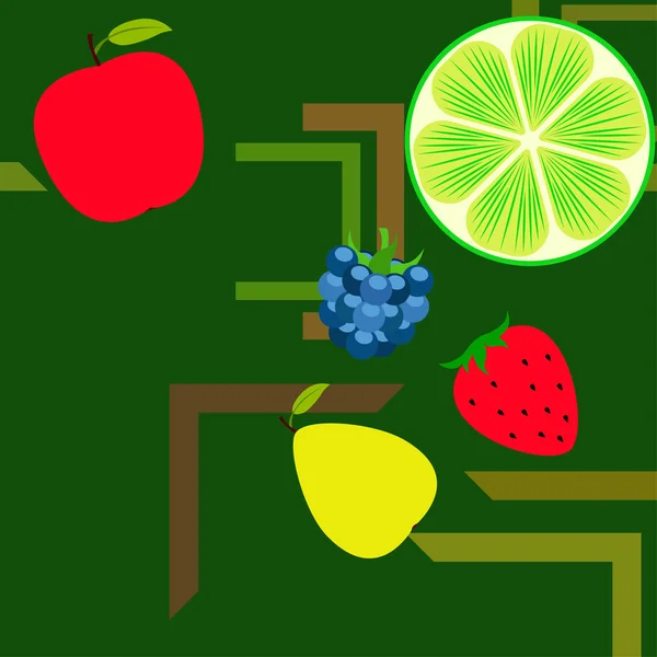 Fruit Bessen Kleurrijke Cartoon Fruit Iconen Appel Peer Blackberry Aardbei — Stockvector