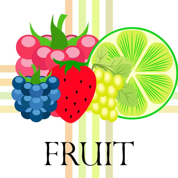 Vruchten en bessen. Kleurrijke cartoon fruit iconen: bramen, frambozen, druif, aardbeien, limoen. Vectorachtergrond. — Stockvector