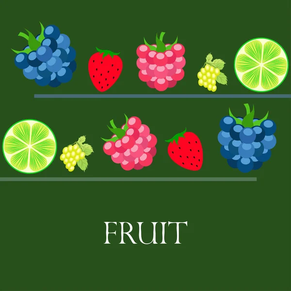 Frutas y bayas. Iconos coloridos de frutas de dibujos animados: mora, frambuesa, uva, fresa, lima. Fondo vectorial . — Vector de stock