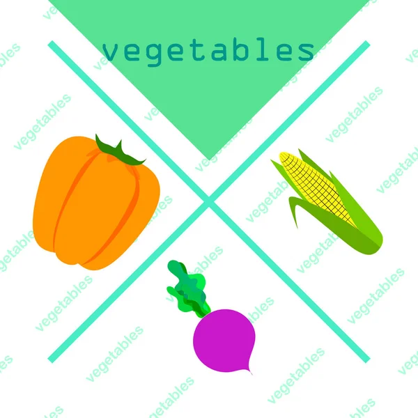 新鮮な野菜だペッパー、ビーツ、コーン有機食品のポスター。ファーマーズマーケットデザイン。ベクトル. — ストックベクタ