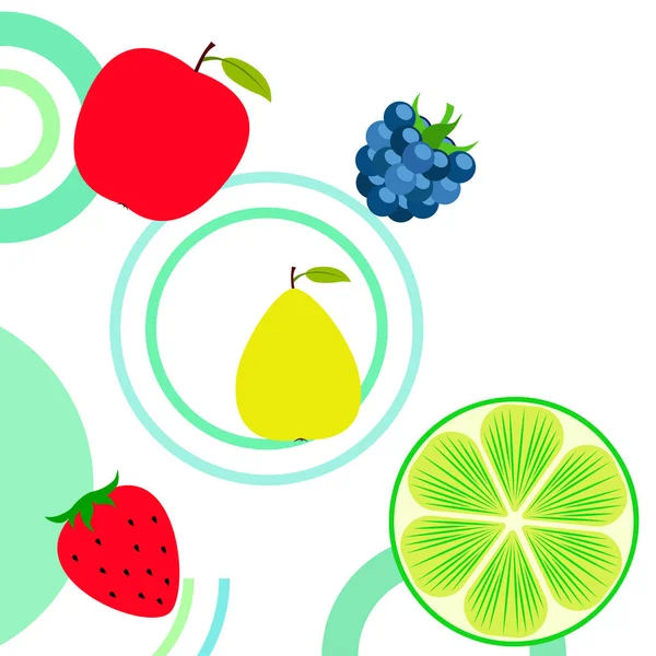 Frutas y bayas. Iconos coloridos de frutas de dibujos animados: manzana, pera, mora, fresa, lima. Fondo vectorial . — Vector de stock