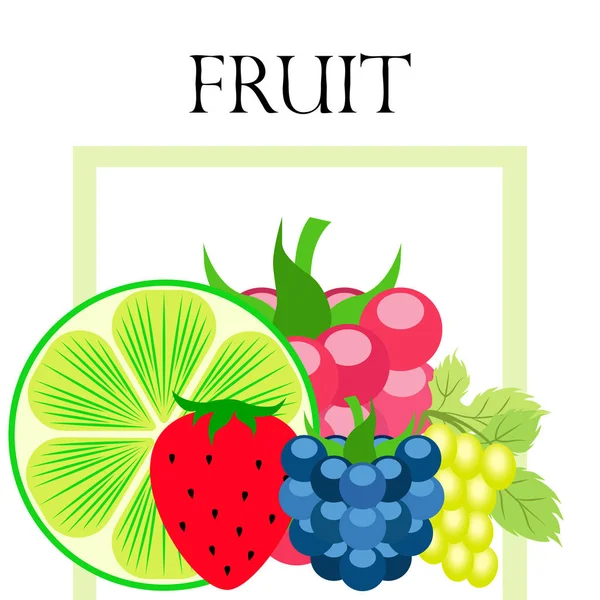 Ovoce a bobule. Barevné kreslené ovocné ikony: ostružiny, maliny, hrozny, jahody, vápno. Pozadí vektoru. — Stockový vektor
