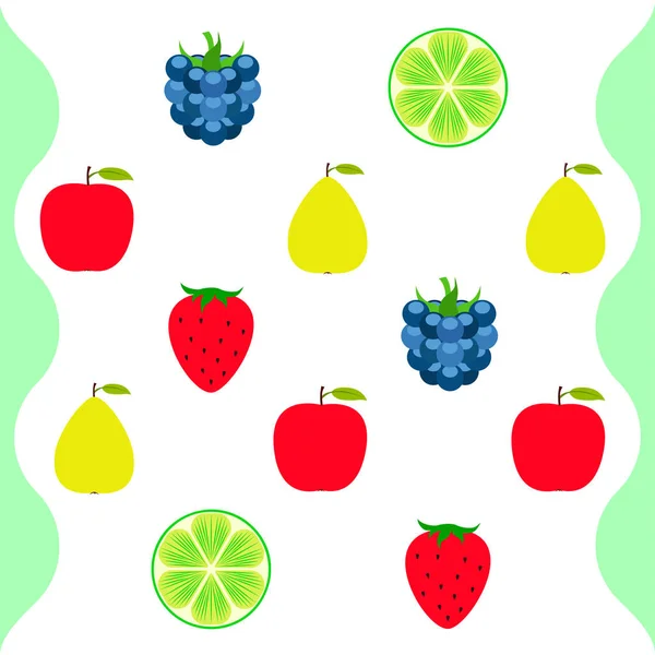 果物とベリーカラフルな漫画のフルーツアイコン:リンゴ、梨、ブラックベリー、イチゴ、ライム。ベクトルの背景. — ストックベクタ