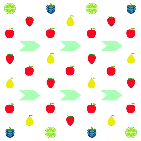 Früchte und Beeren. bunte Comic-Frucht-Ikonen: Apfel, Birne, Brombeere, Erdbeere, Limette. Vektorhintergrund. — Stockvektor