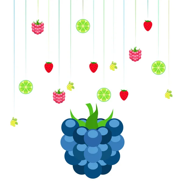 Fruits and berries. Colorful cartoon fruit icons: blackberry, raspberry, grape, strawberr, lime. Vector background. — Stock Vector