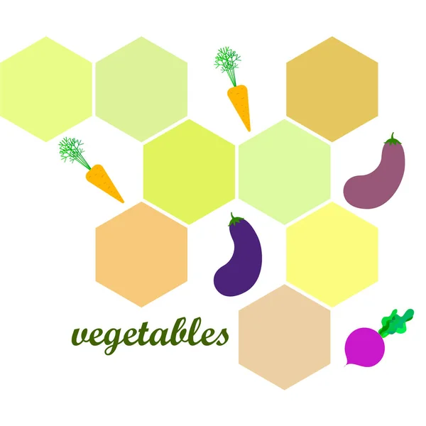 Morcov, sfeclă, vinete, legume proaspete. Afișul alimentar organic. Proiectarea pieței agricultorilor. Fundal vectorial . — Vector de stoc