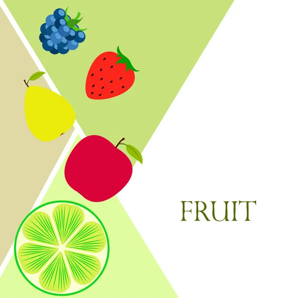 Fruit en bessen. Kleurrijke cartoon fruit iconen: appel, peer, BlackBerry, aardbei, limoen. Vector achtergrond. — Stockvector