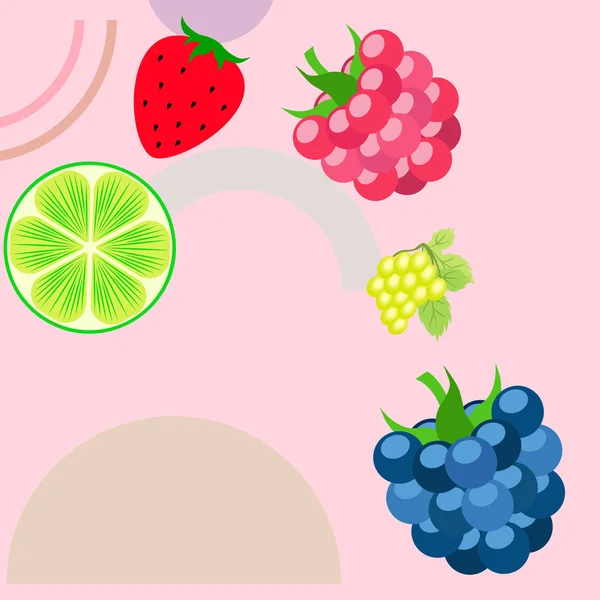 Frutas e bagas. Ícones de frutas de desenhos animados coloridos: amora-preta, framboesa, uva, morango, limão. Fundo vetorial . —  Vetores de Stock