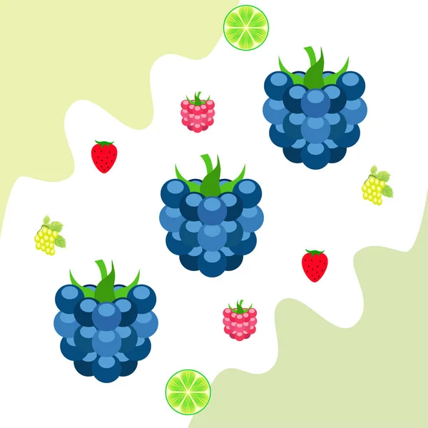 Frutas y bayas. Iconos coloridos de frutas de dibujos animados: mora, frambuesa, uva, fresa, lima. Fondo vectorial . — Vector de stock